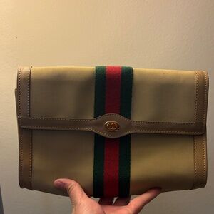Gucci Beige Clutch with Red and Green Stripes gold tone hardware